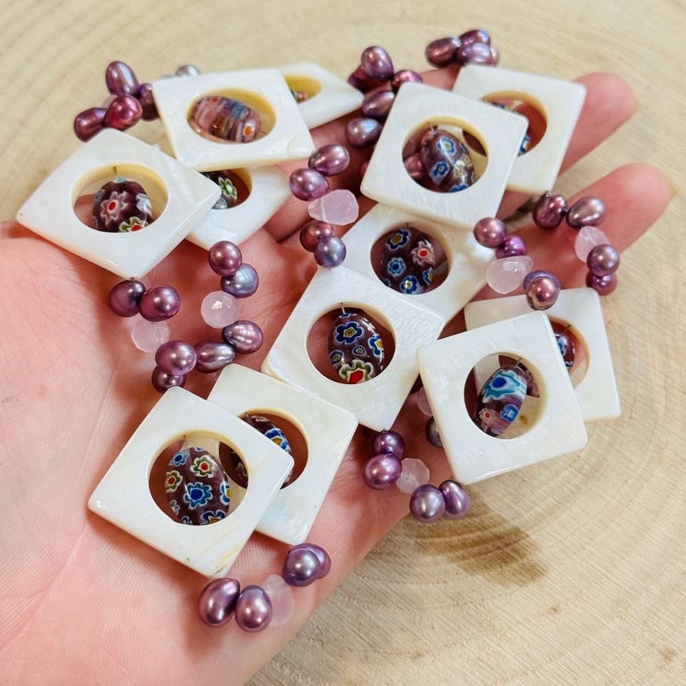 VTG Venetian Italy‎ Millefiori Freshwater Baroque Pearl Necklace Knotted Beads